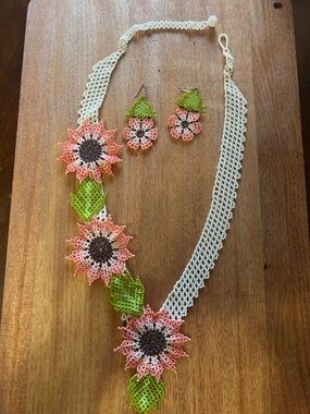 Handcrafted Pink Beaded Floral Necklace and Earring Set